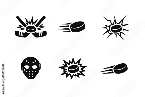 Dynamic hockey symbols showing puck impacts, speeding shots, crossed sticks, and goalie mask