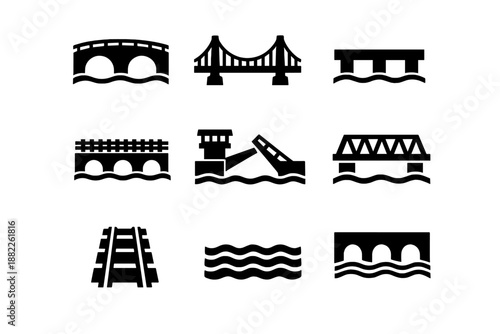 Black silhouette icons of architectural bridge structures and transportation infrastructure