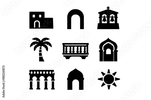 Black silhouette symbols of historical architecture, travel destinations, and nature