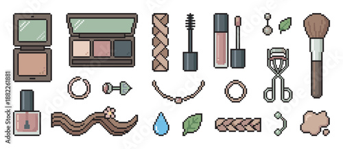 Pixel art collection of makeup and beauty accessories including eyeshadow, mascara, lip gloss, jewelry, and hair items in a retro 8-bit video game style illustration set