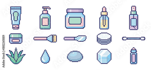 Pixel art skincare and cosmetic icons set featuring various beauty products like cream, serum, and lotion in a cute, retro 8-bit gaming style with a soft pastel color palette