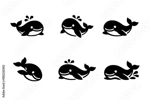 Set of six different stylized marine mammal symbols for ocean life design projects