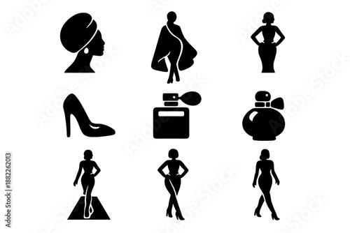 Stylish collection of fashion and beauty icons featuring female silhouettes, high heels, and perfume bottles