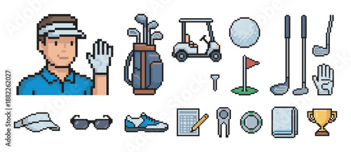 Set of pixel art golf icons featuring a player, clubs, ball, cart, and other sports equipment in a retro 8-bit video game style for a sports or gaming concept