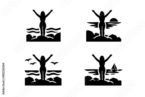 Woman standing on coastal rocks with arms raised toward the sky, freedom and joy concept