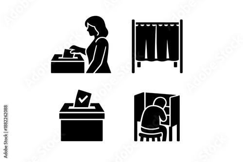 Voting and election process symbols showing ballot box and polling booth privacy