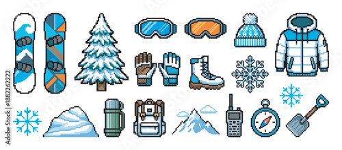 Set of pixel art winter sports icons featuring a snowboard, jacket, goggles, gloves, backpack, and other mountain equipment in a retro 8-bit video game style