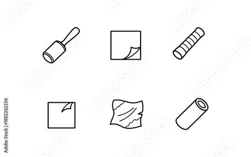 Collection of cleaning and sticky tools icons in a simple line art style