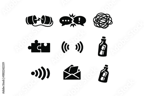 Communication and problem-solving icons featuring tin cans, speech bubbles, and messages in a bottle