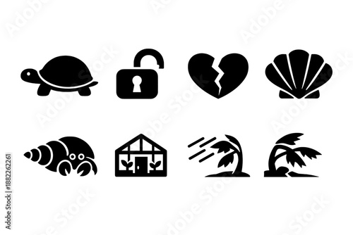 Black silhouette collection of diverse symbols covering nature security and emotion