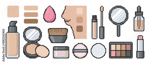Pixel art cosmetic and beauty product icons featuring foundation, powder, lipstick, concealer, and various skincare items in a retro 8-bit video game style illustration set