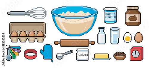Pixel art collection of baking ingredients and kitchen utensils for cooking, featuring an 8-bit retro video game style with flour, eggs, milk, a whisk, and a timer
