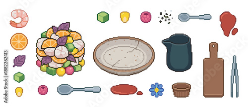 Pixel art food and kitchenware icon collection with a fruit salad, shrimp, raspberry, plate, and cutting board, designed as assets for a retro cooking video game