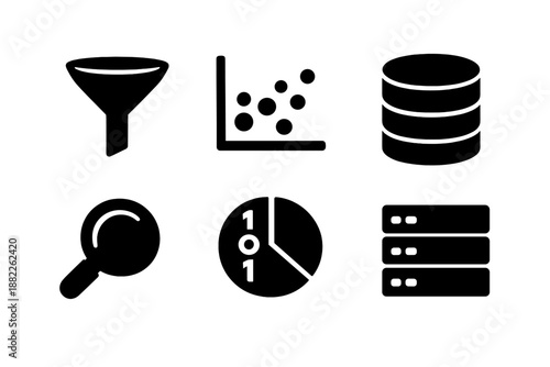 Black icons for data filtering, database management, server hosting, and statistical charting