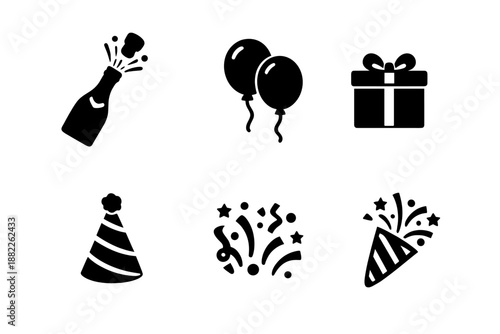 Champagne bottle, balloons, gift box, party hat, and confetti popper for celebration