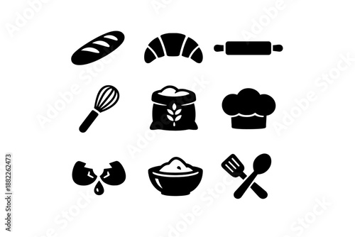 Black silhouette of essential bakery ingredients and cooking tools for pastry preparation