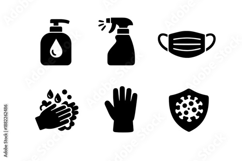 Set of essential hygiene and sanitation icons including hand washing, soap, mask, disinfectant, and protective shield