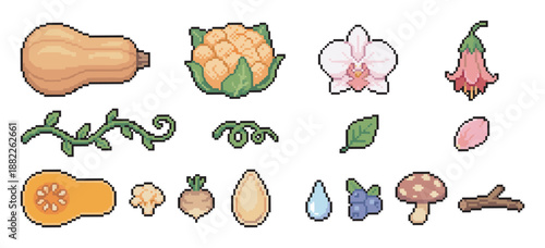 Collection of pixel art icons featuring vegetables, flowers, and nature elements for a retro video game aesthetic, including squash, cauliflower, an orchid, and a mushroom sprite