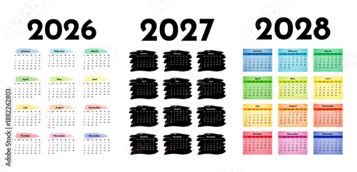 Set of calendars for 2026, 2027 and 2028 on a white background
