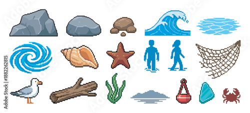 Set of pixel art sea icons featuring a wave, shell, starfish, crab, and seagull in a retro 8-bit video game style for digital design assets and creative projects
