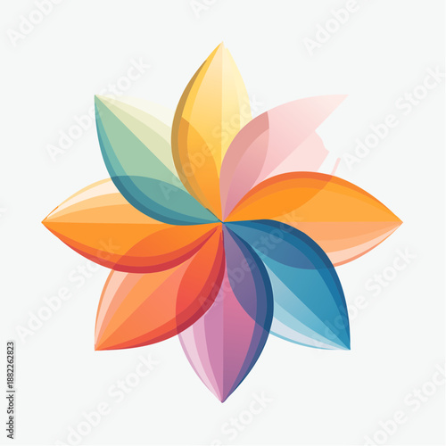 Modern abstract floral concept illustration, presenting a vibrant spectrum of swirling, translucent petals that form a captivating and colorful graphic design, ideal for contemporary branding