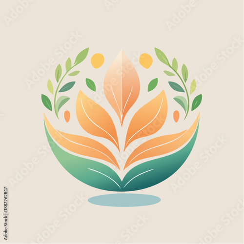 Circular emblem with stylized foliage and floral elements in warm, gradient colors, evoking nature, growth, and wellness, perfect for organic brands or healing practices