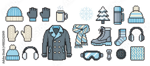 Set of pixel art winter icons featuring warm clothing and accessories like a coat, hat, scarf, and gloves, designed in a charming 8-bit retro video game style