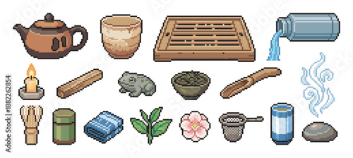Pixel art icon set of traditional tea ceremony items including a teapot, cup, bamboo whisk, and leaves for a calm beverage ritual in a retro 8-bit video game style