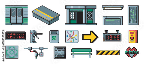 Set of detailed pixel art subway station elements for a retro video game, including a train door, turnstile, metro map, digital clock, bench, and various transit system icons