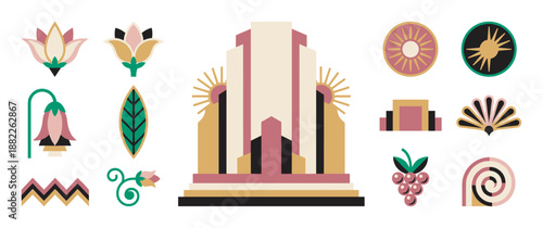 Collection of Art Deco style illustrations featuring a geometric skyscraper, stylized flowers, sunbursts, and decorative vintage patterns in a sophisticated color palette