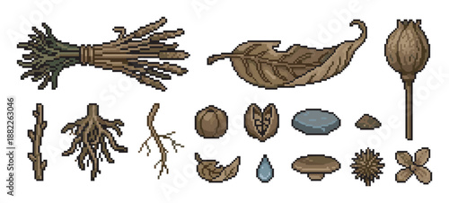 Pixel art collection of natural elements featuring a dried leaf, roots, seeds, a mushroom, and a stone, designed as retro 8-bit game assets for crafting or inventory icons