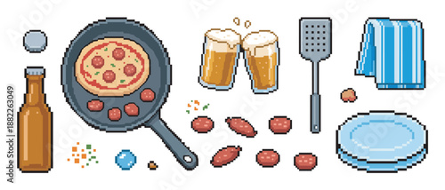 Pixel art food and drink set with pizza in a frying pan, beer glasses, a bottle, and kitchen utensils designed in a retro 8-bit video game style illustration