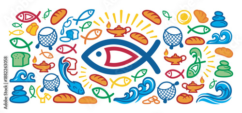 Colorful collection of Christian religious symbols including the Ichthys fish, bread, nets, and lamps in a stylized graphic illustration representing faith and biblical stories