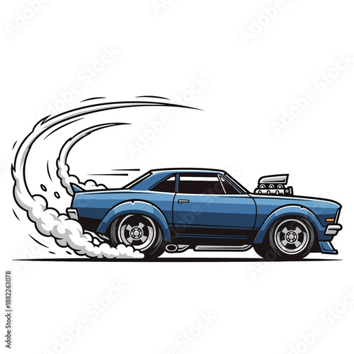 Dynamic Blue Muscle Car Vector Illustration Performing a Powerful Burnout
