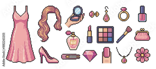 Collection of feminine pixel art icons featuring a pink dress, makeup, jewelry, and fashion accessories in a retro 8-bit video game style for a glamorous beauty concept