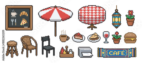 Pixel art cafe and restaurant object collection featuring food, drinks, furniture, and decor items like chairs, tables, coffee, and a menu in a classic 8-bit video game style