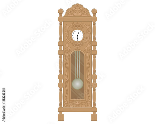 Make this woman turn around show her back then take off her skirt then bend over Vector illustration design of a large, classic, antique pendulum clock made of wood and painted brown with various symb