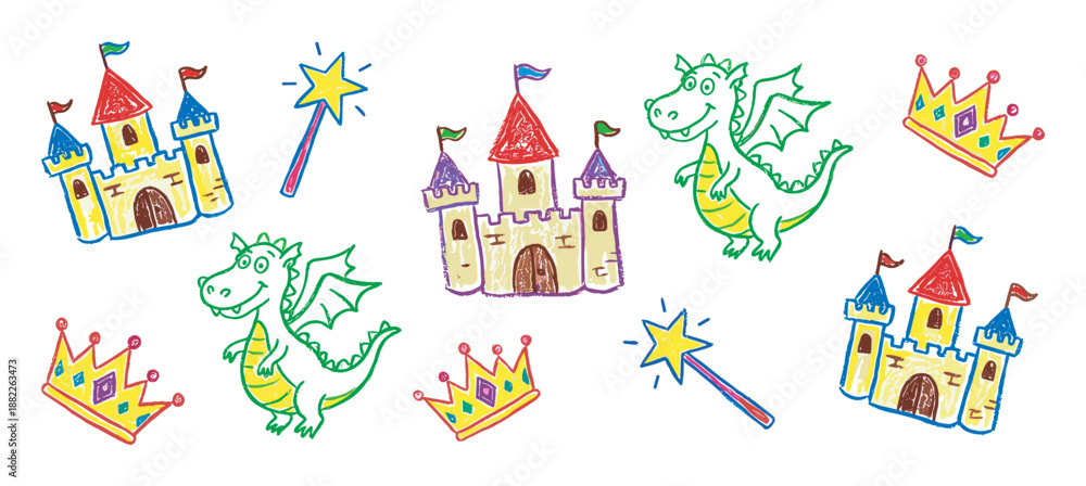 Naklejka premium Colorful children's crayon drawings of fairytale castles, cute dragons, royal crowns, and magic wands scattered in a whimsical and playful hand-drawn artistic style