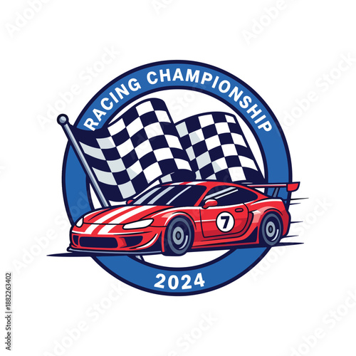 Dynamic Racing Championship Sportscar Emblem Illustration with Checkered Flag and Speed Effect