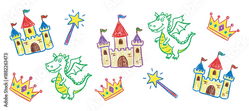 Colorful children's crayon drawings of fairytale castles, cute dragons, royal crowns, and magic wands scattered in a whimsical and playful hand-drawn artistic style