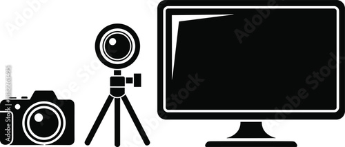 Minimal photography and videography equipment icons including DSLR camera, webcam on tripod, and computer monitor, representing digital content creation, streaming, and media production technology