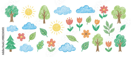 Collection of colorful children's crayon drawings featuring trees, flowers, suns, and clouds in a cute and playful hand-drawn doodle style for creative projects