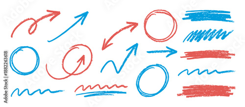 Hand-drawn red and blue arrows, circles, and lines with a rough crayon texture, a set of doodle elements for highlighting, pointing, and marking in graphic design projects