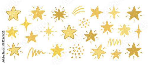 Hand drawn golden stars and celestial elements in a cute doodle style, this whimsical collection includes various star shapes, sparkles, and decorative squiggles for festive design