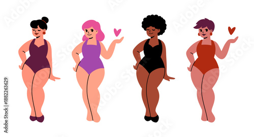 Flat vector illustration set of women in swimsuits with different hairstyles and skin color. Drawing collection of female characters with body positive, love yourself, diversity concept. 