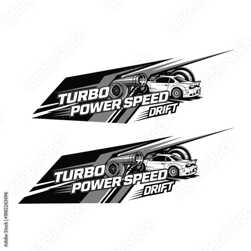 Dynamic vector graphic of a performance car with turbo engine for racing and drift events