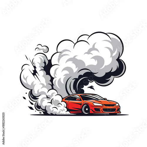 Dynamic red sports car performing a powerful burnout with thick smoke, vector illustration on white.