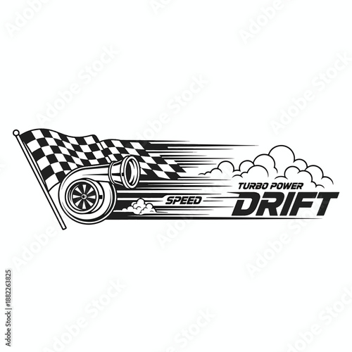Dynamic vector illustration of turbo power drift racing with checkered flag and speed effect
