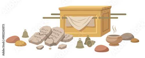 The golden Ark of the Covenant with broken stone tablets of the Ten Commandments, a steaming censer, and bells in a flat vector illustration of a biblical scene