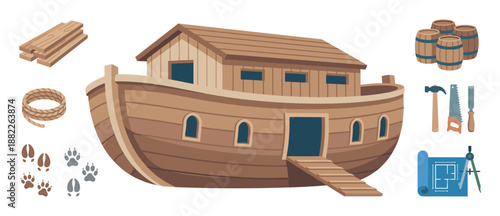 Large wooden biblical ark illustration surrounded by a collection of icons including a hammer, saw, blueprint, rope, barrels, and animal tracks for a religious story theme